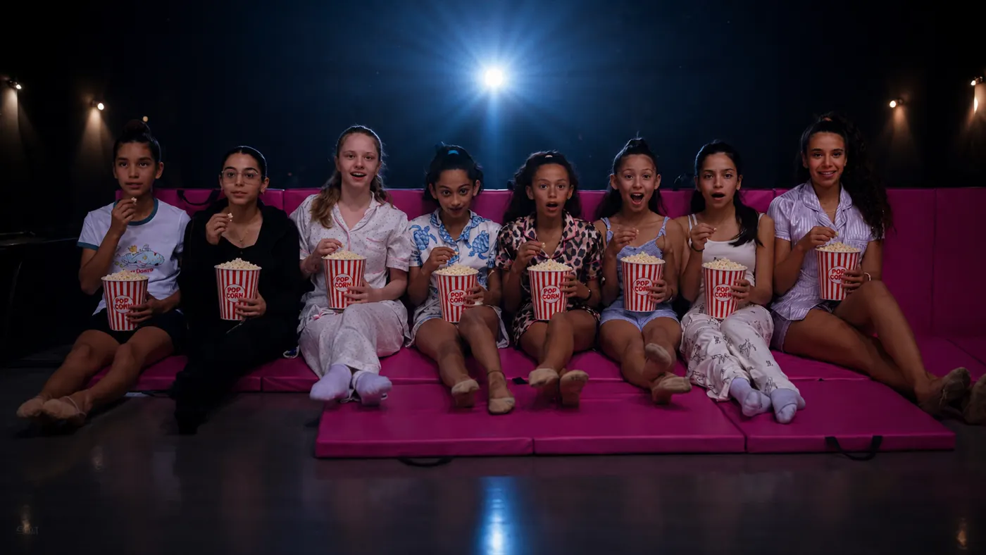 A team of girls at a shared evening activity with popcorn